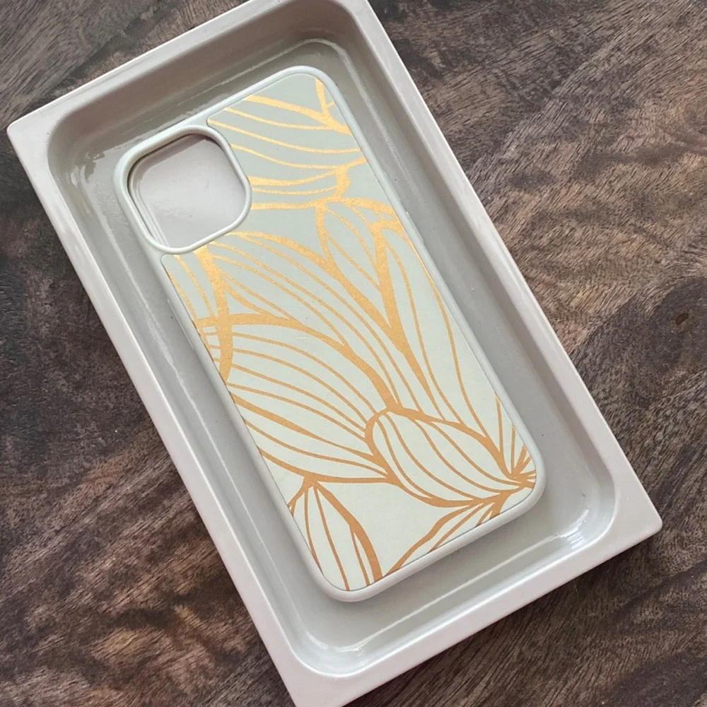 Heyday iPhone 13 phone case sage botanical green gold glitter screen protector
